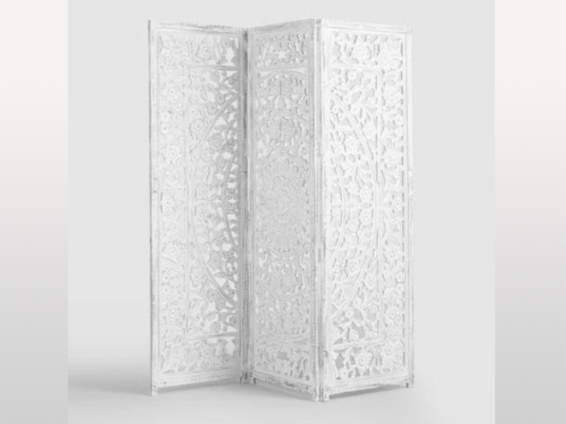 Jali Hand Carved Indian 3 Panel Screen Whitewashed