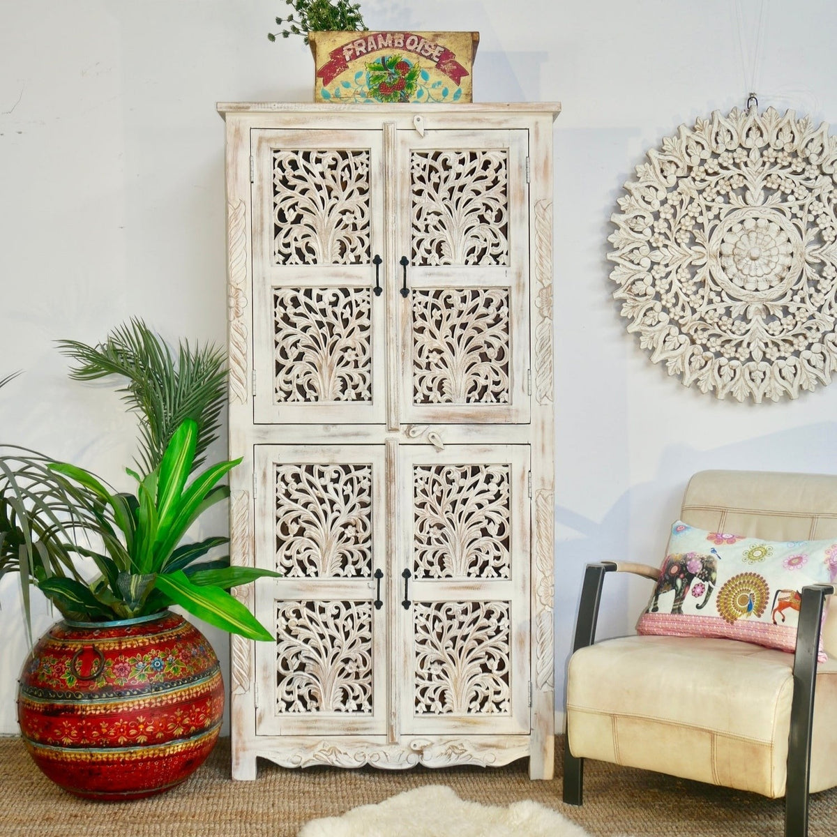 Kalah Solid Mango Wood Indian Hand Carved Wardrobe Cabinet Almirah Antique style Pantry Painted V19  -  