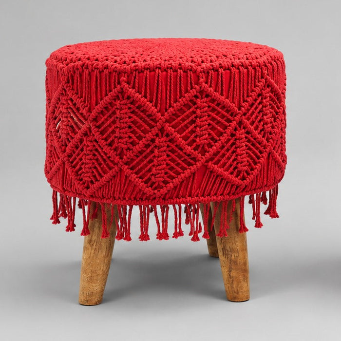 Red macramé cushioned stools with intricate hand-knotted patterns, decorative tassels and natural wooden legs, 39 x 39 x 41 cm – Make My Piece Australia.