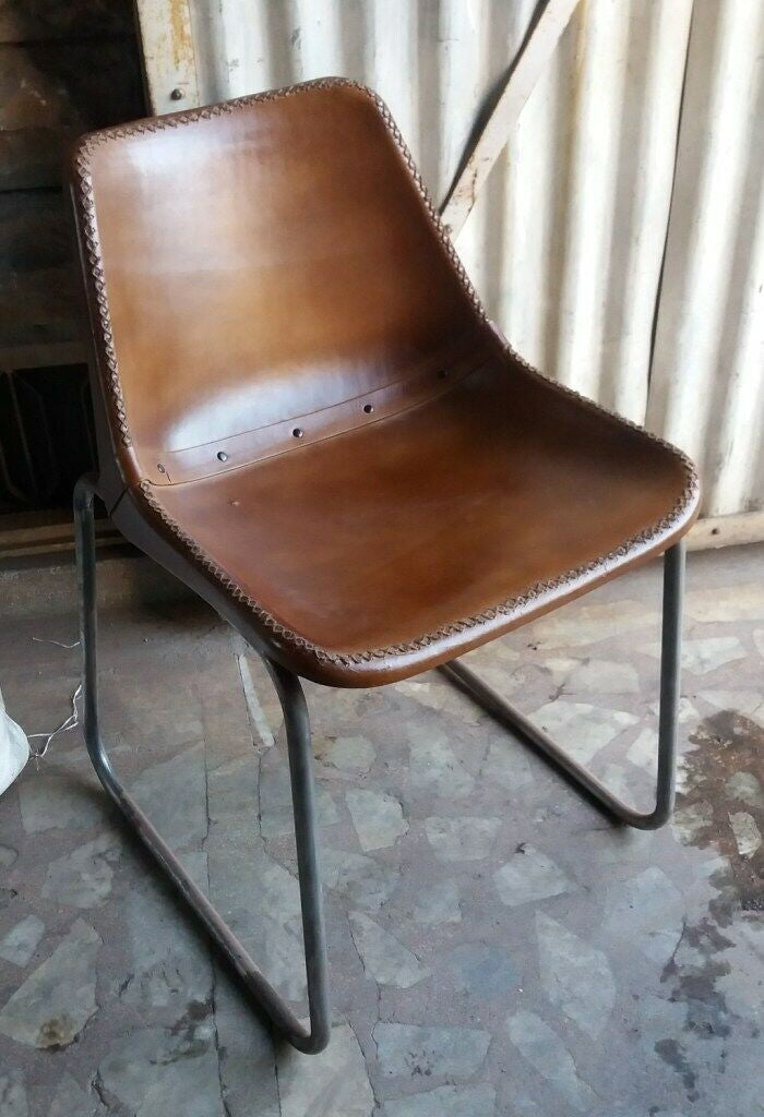 Aged Leather Iron Dining Chair