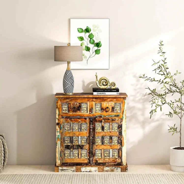 Brass Work Solid Wood Cabinet In Scratch Resistant Distress Finish