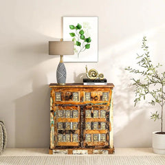 Brass Work Solid Wood Cabinet In Scratch Resistant Distress Finish