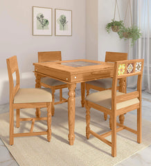 Moroccan Mosaic Mango Wood 4 Seater Dining Set In Rustic Teak Finish With Cushioned Chair