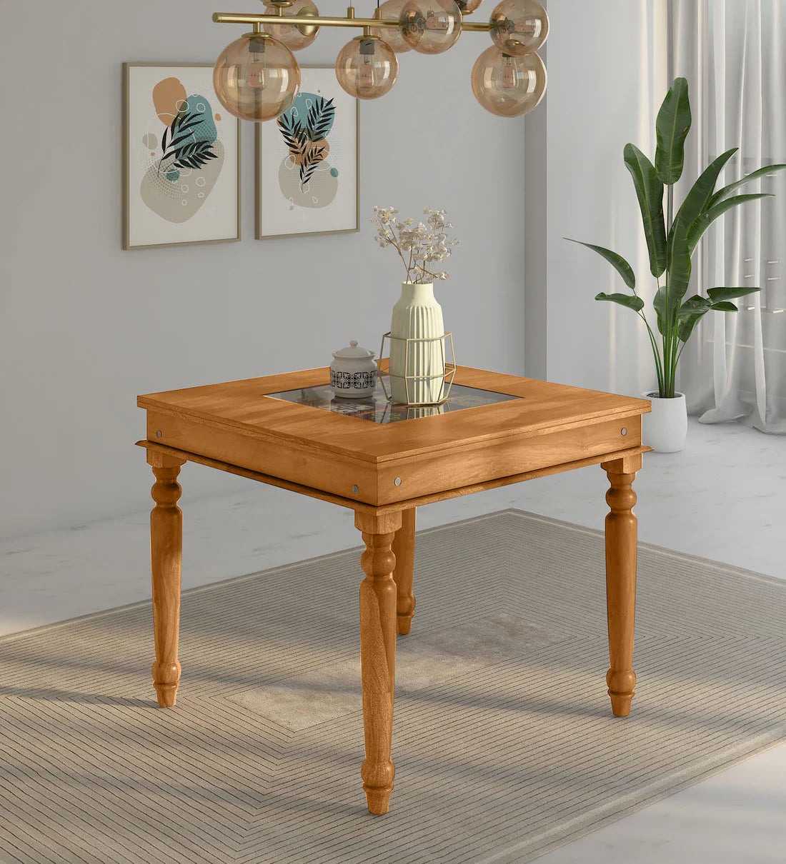 Moroccan Mosaic Mango Wood 4 Seater Dining Table In Rustic Teak Finish