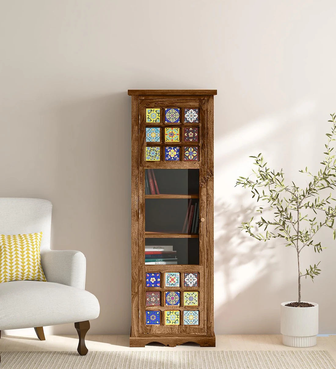 Moroccan Mosaic Mango Wood Book Case in Provincial Teak Finish