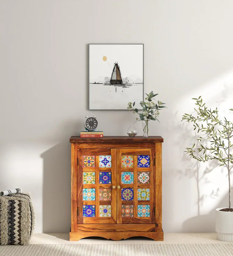 Moroccan Mosaic Handmade Mango Wood Cabinet In Provincial Honey Oak Finish