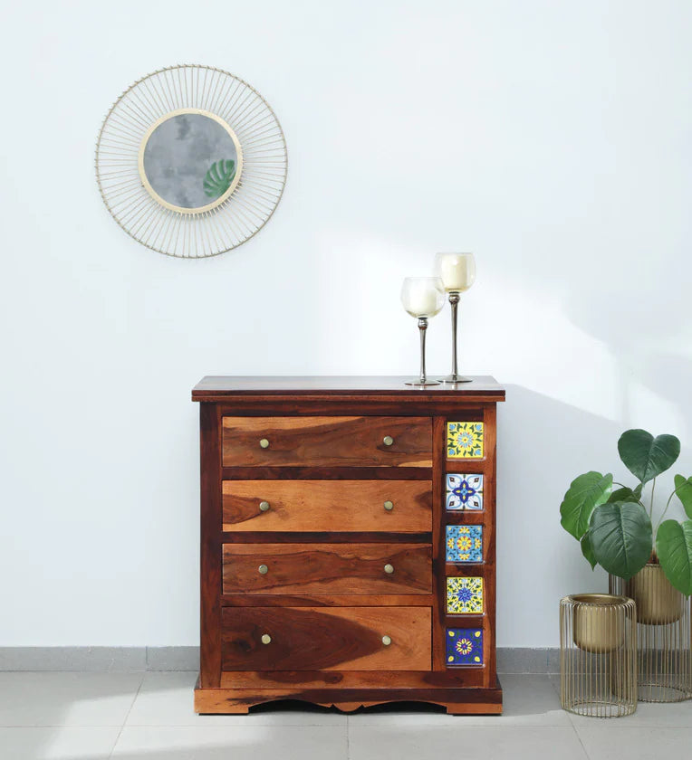 Moroccan Mosaic Mango Wood Chest Of Drawers In Honey Oak Finish