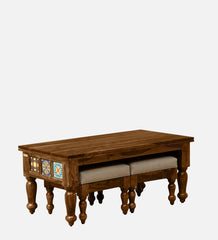 Shanti Surprise Sheesham Wood Nesting Coffee Table Set in Provincial Teak Finish With Cushioned Stools