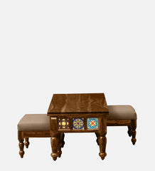 Shanti Surprise Sheesham Wood Nesting Coffee Table Set in Provincial Teak Finish With Cushioned Stools