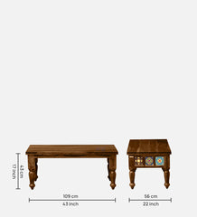 Shanti Surprise Sheesham Wood Nesting Coffee Table Set in Provincial Teak Finish With Cushioned Stools