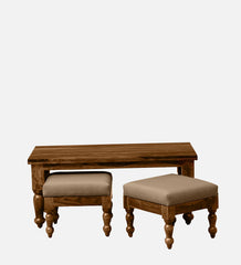 Shanti Surprise Sheesham Wood Nesting Coffee Table Set in Provincial Teak Finish With Cushioned Stools