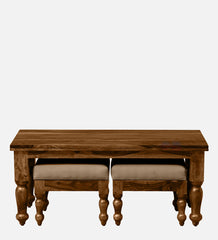 Shanti Surprise Sheesham Wood Nesting Coffee Table Set in Provincial Teak Finish With Cushioned Stools