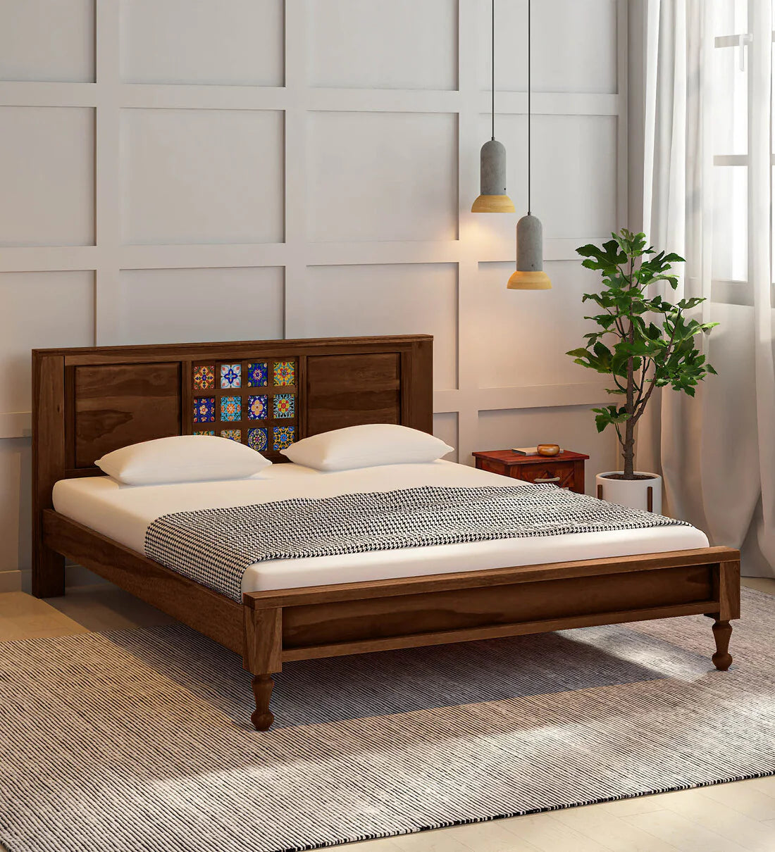 Moroccan Mosaic Mango Wood Queen Size Bed In Provincial Teak Finish