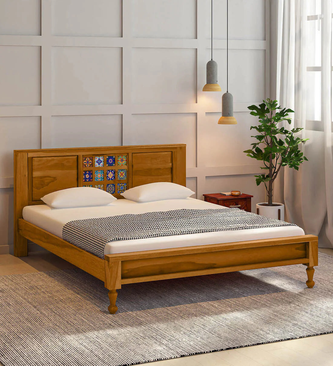 Moroccan Mosaic Mango Wood Queen Size Bed In Rustic Teak Finish