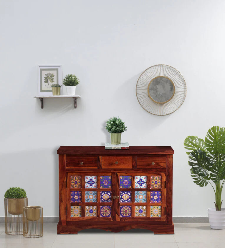 Moroccan Mosaic Handmade Mango Wood Sideboard In Provincial Honey Oak Finish