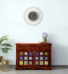 Moroccan Mosaic Mango Wood Sideboard In Honey Oak