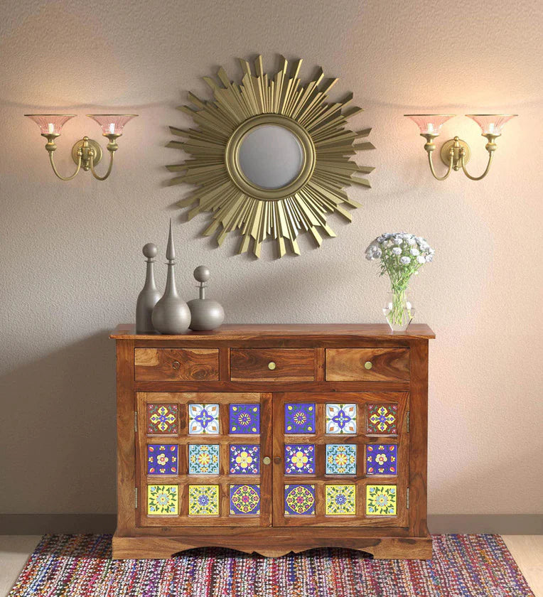 Moroccan Mosaic Handmade Solid Mango Wood Sideboard In Rustic Teak