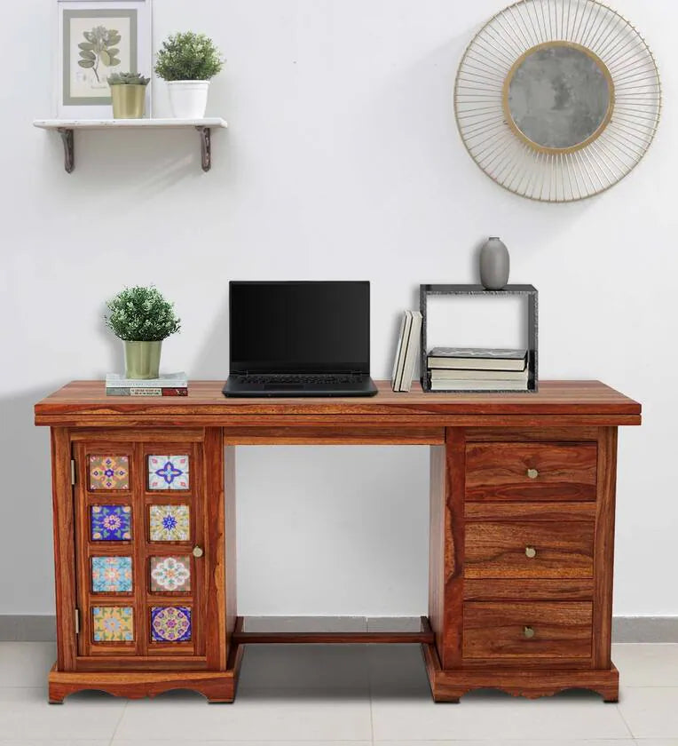 Moroccan Mosaic Handmade Mango Wood Writing Table In Honey Oak Finish