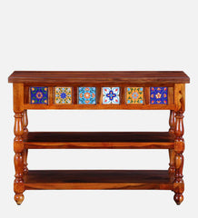 Moroccan Mosaic Mango Wood Console Table In Honey Oak Finish