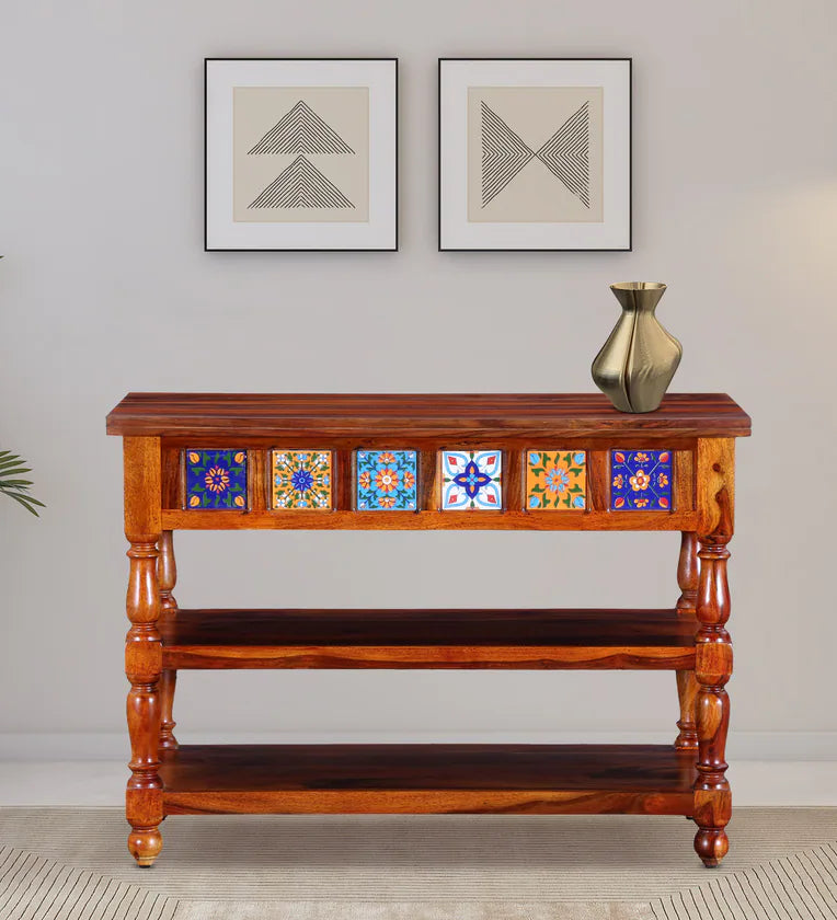 Moroccan Mosaic Mango Wood Console Table In Honey Oak Finish