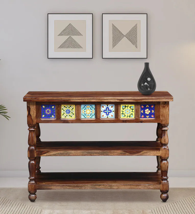 Moroccan Mosaic Sheesham Wood Console Table In Provincial Teak Finish