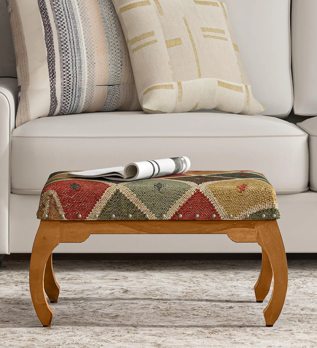 Shanti Surprise Upholstered Foot Stool in Rustic Teak