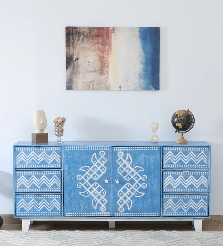 Brush & Timber Handmade Mango Wood Handpainted Sideboard in blue