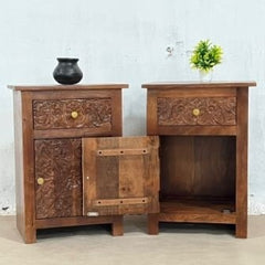 Indian Handmade Carved Solid Hard Wood Bedside Table with Door & Drawer in Brown 50x30x60Cm