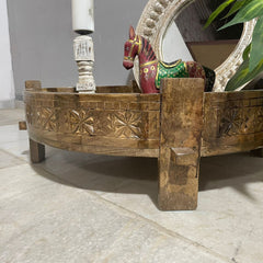 Handcrafted Carved Indian Furniture Handmade Solid Wood Chakki Coffee Table 76x76x25cm