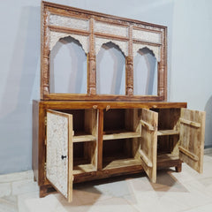 Indian Handmade Carved Solid Hard Wood Carved 3 Doors Sideboard Brown 165X40X95Cm