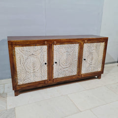 Indian Handmade Carved Solid Hard Wood Carved 3 Doors Sideboard Brown 165X40X95Cm