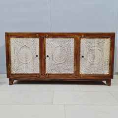 Indian Handmade Carved Solid Hard Wood Carved 3 Doors Sideboard Brown 165X40X95Cm