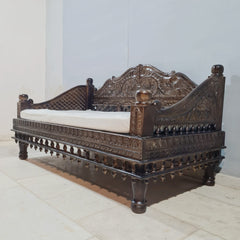 Indian Hand Carved Floral Wooden 3 Seater Daybed 150x80x80cm Brown