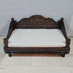 Indian Hand Carved Floral Wooden 3 Seater Daybed 150x80x80cm Brown