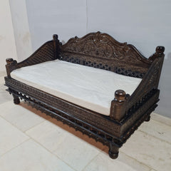 Indian Hand Carved Floral Wooden 3 Seater Daybed 150x80x80cm Brown