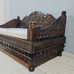 Indian Hand Carved Floral Wooden 3 Seater Daybed 150x80x80cm Brown