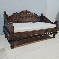 Indian Hand Carved Floral Wooden 3 Seater Daybed 150x80x80cm Brown