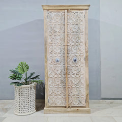 Indian Furniture Handmade Solid Wood Cabinet 2 Door Carved whitewash 90x45x200Cm