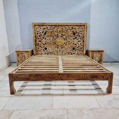 Antique Indian Hand Carved Wooden Floral Bed Queen 180x5x180cm