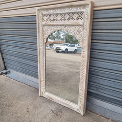 Handcrafted Carved Solid Wood Indian Furniture Mirror Frame Rustic White 150x5x90Cm