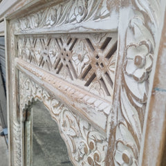 Handcrafted Carved Solid Wood Indian Furniture Mirror Frame Rustic White 150x5x90Cm