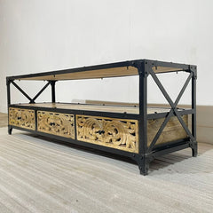 Metal Factory Industrial Indian Solid Wood TV Unit Media Console 150x45x50 cm