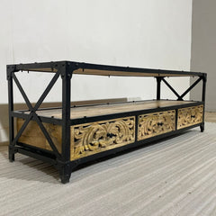 Metal Factory Industrial Indian Solid Wood TV Unit Media Console 150x45x50 cm