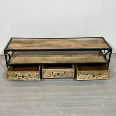 Metal Factory Industrial Indian Solid Wood TV Unit Media Console 150x45x50 cm