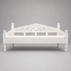 Large whitewash Indian wooden daybed with ornate floral carving