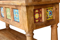 Pine Grove Carved Handmade Indian Furniture Moroccan Tiles Console Hall Table Natural Finish