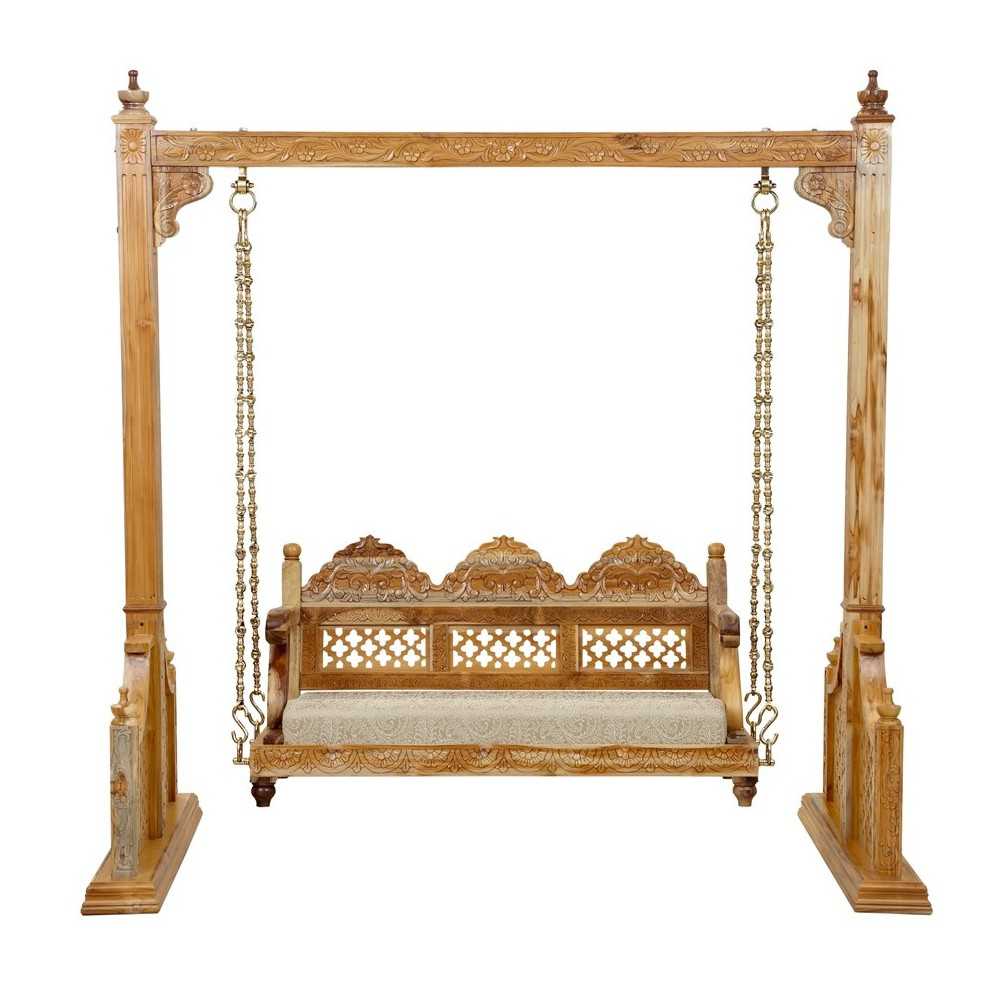 Handmade Indian Furniture Carved Teak Wood Jhula Swing Natural Finish