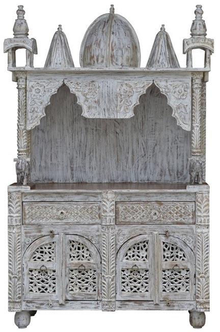 Pine Grove Carved Handmade Indian Furniture Mango Wood Prayer Mandir Temple White