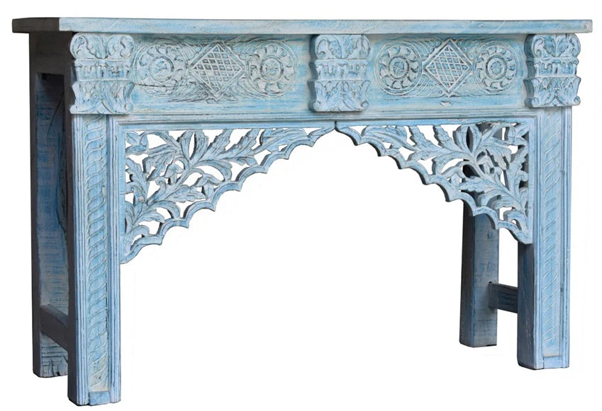 Pine Grove Carved Handmade Indian Furniture Moroccan Tiles Console Hall Table in Rustic Blue